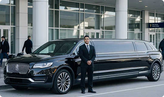 A professional male chauffeur in a black suit and tie stands in front of a black Lincoln Navigator or similar SUV-style stretch limousine. The vehicle is parked at an airport or convention center entrance with a modern facade of glass and columns visible in the background, and people can be seen walking in the distance.