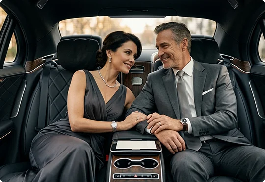 An elegantly dressed couple smiles and holds hands while sitting comfortably in the luxurious, quilted leather back seat of a high-end vehicle.The premium interior features a wood-trimmed center console equipped with integrated electronic displays and cup holders.