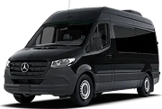 Black Mercedes-Benz Sprinter van with tinted windows, side view.