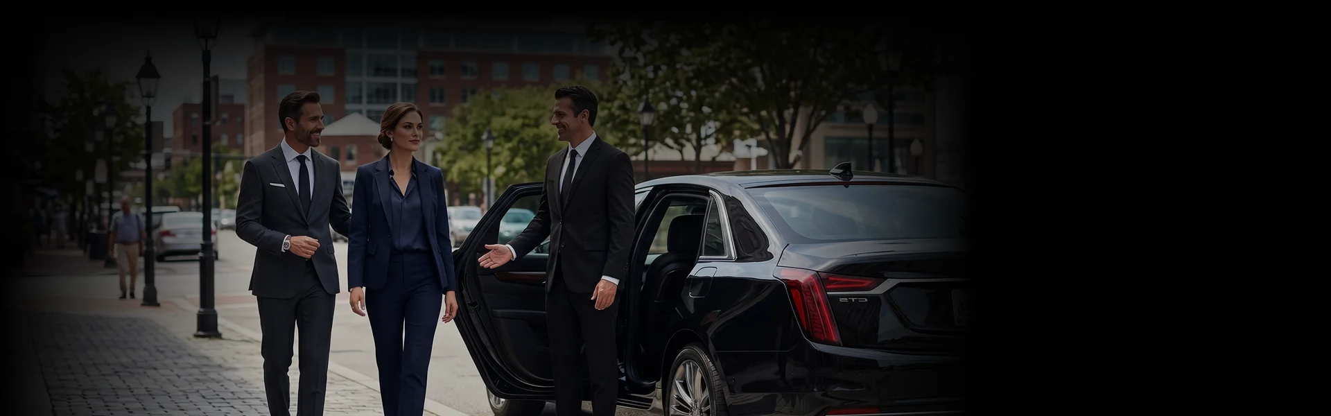 A professional chauffeur in a black suit opens the door of a luxury black car for a business couple walking along a city sidewalk.