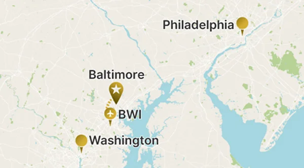 Map showing route connecting the marked cities of Washington, Baltimore (star marker/BWI), and Philadelphia.