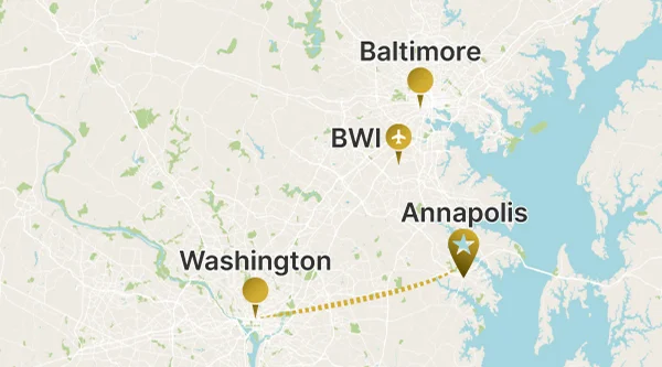 Map showing a dotted route from Washington, D.C., leading east to Annapolis (star marker).