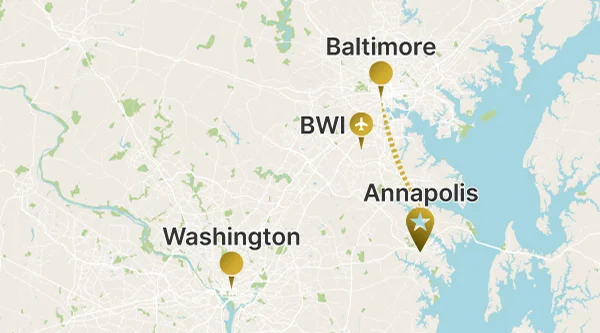 Map showing a dotted route from Baltimore leading south, past BWI Airport, and connecting to Annapolis (star marker).