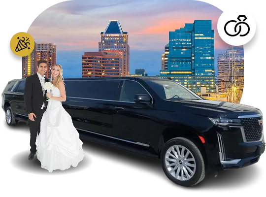 A newly married couple, the bride in a white wedding dress holding a white bouquet and the groom in a black tuxedo, stand smiling in front of a long black Cadillac Escalade limousine. The background is a cityscape skyline at sunset or sunrise with tall modern buildings. The image includes an overlay of a party popper emoji and a wedding rings icon.