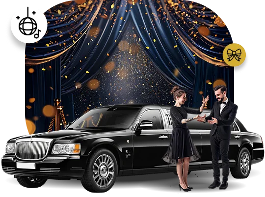 A couple dressed in formal black attire—a man in a tuxedo and a woman in a black dress—stands beside a classic black luxury stretch limousine. The background is a composite image showing a grand, celebratory setting with dark blue curtains, gold accents, sparkling lights, and confetti effects, suggesting a gala, prom, or special night out. Two circular icons float above: one with a disco ball and musical note (party/music) and the other with a bow tie (formal event).